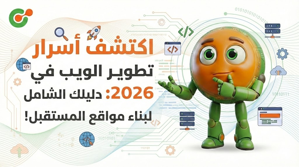 رسم توضيحي لتميمة نقطة للحلول الرقمية يشير إلى رموز برمجية وأطر عمل تطوير الويب لعام 2026