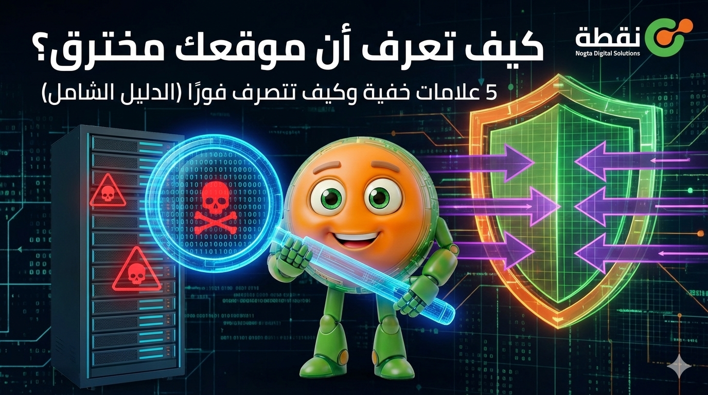 سم توضيحي للروبوت البرتقالي والأخضر الخاص بشركة نقطة وهو يستخدم عدسة مكبرة لكشف فيروسات على خادم، بينما يصد درع رقمي هجمات خارجية، مع نص العنوان "كيف تعرف أن موقعك مخترق؟".